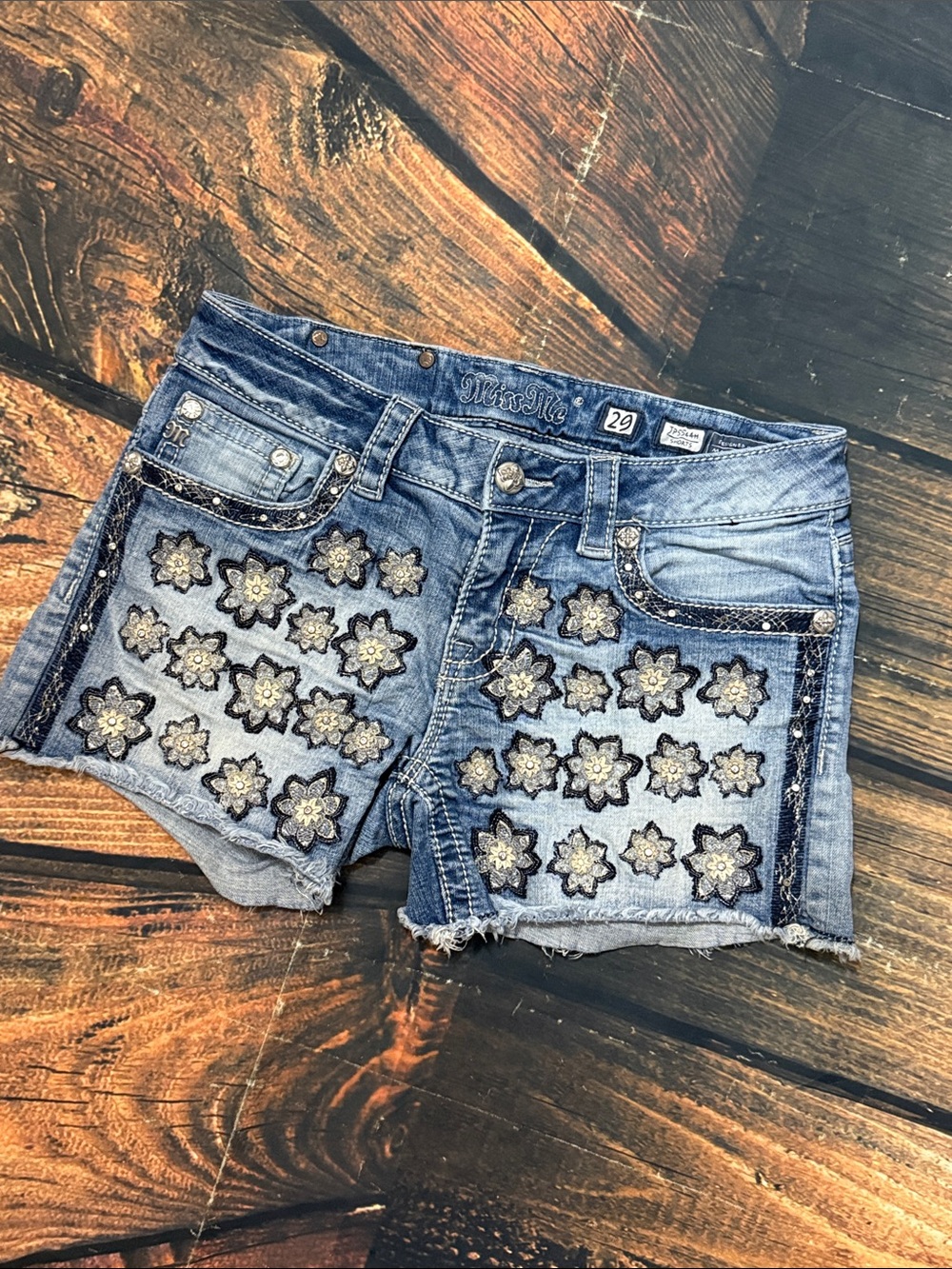 Miss Me Light Blue Denim Shorts with Floral Embroidery